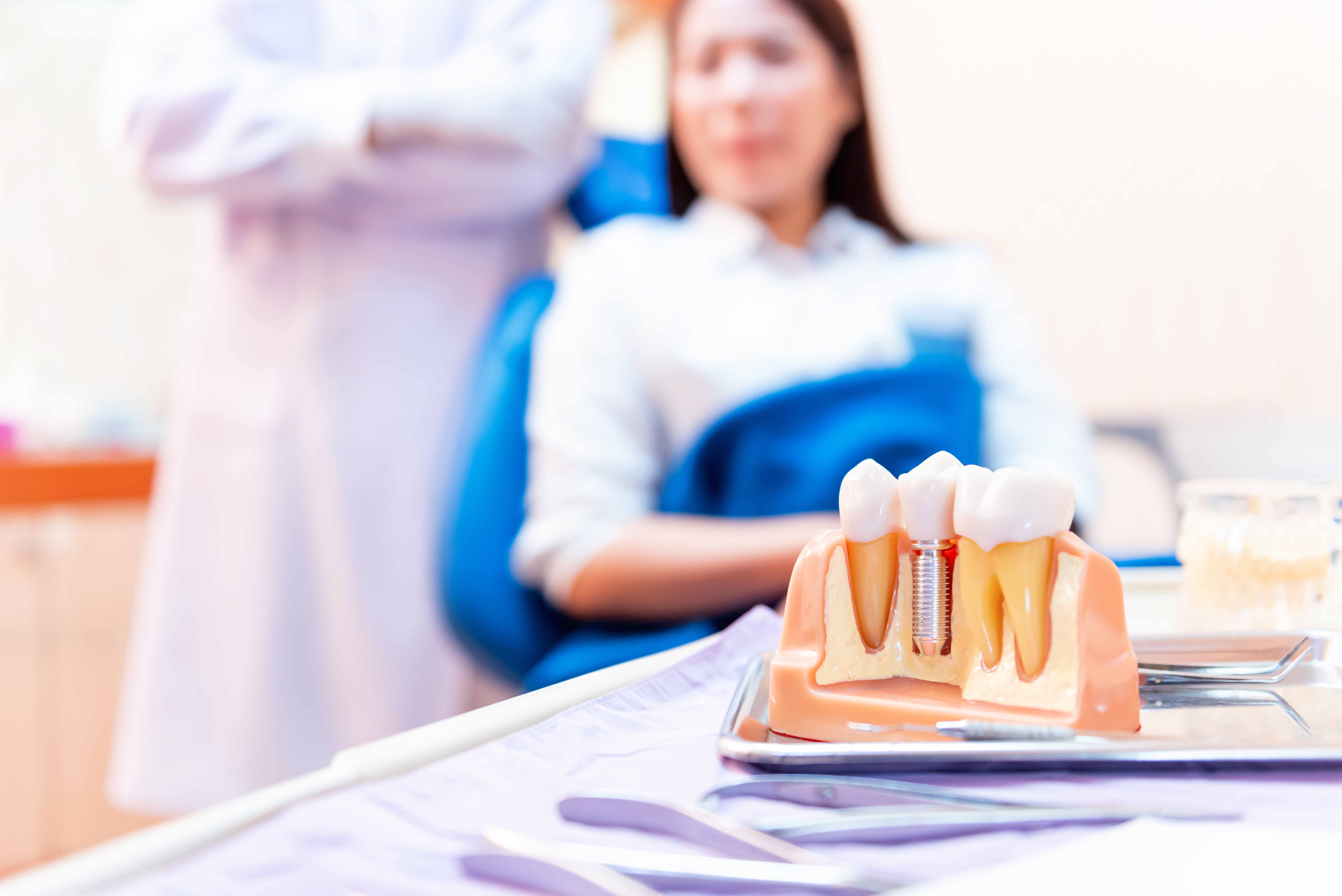 歯の治療を受けている女性の前にインプラントの模型が置かれている