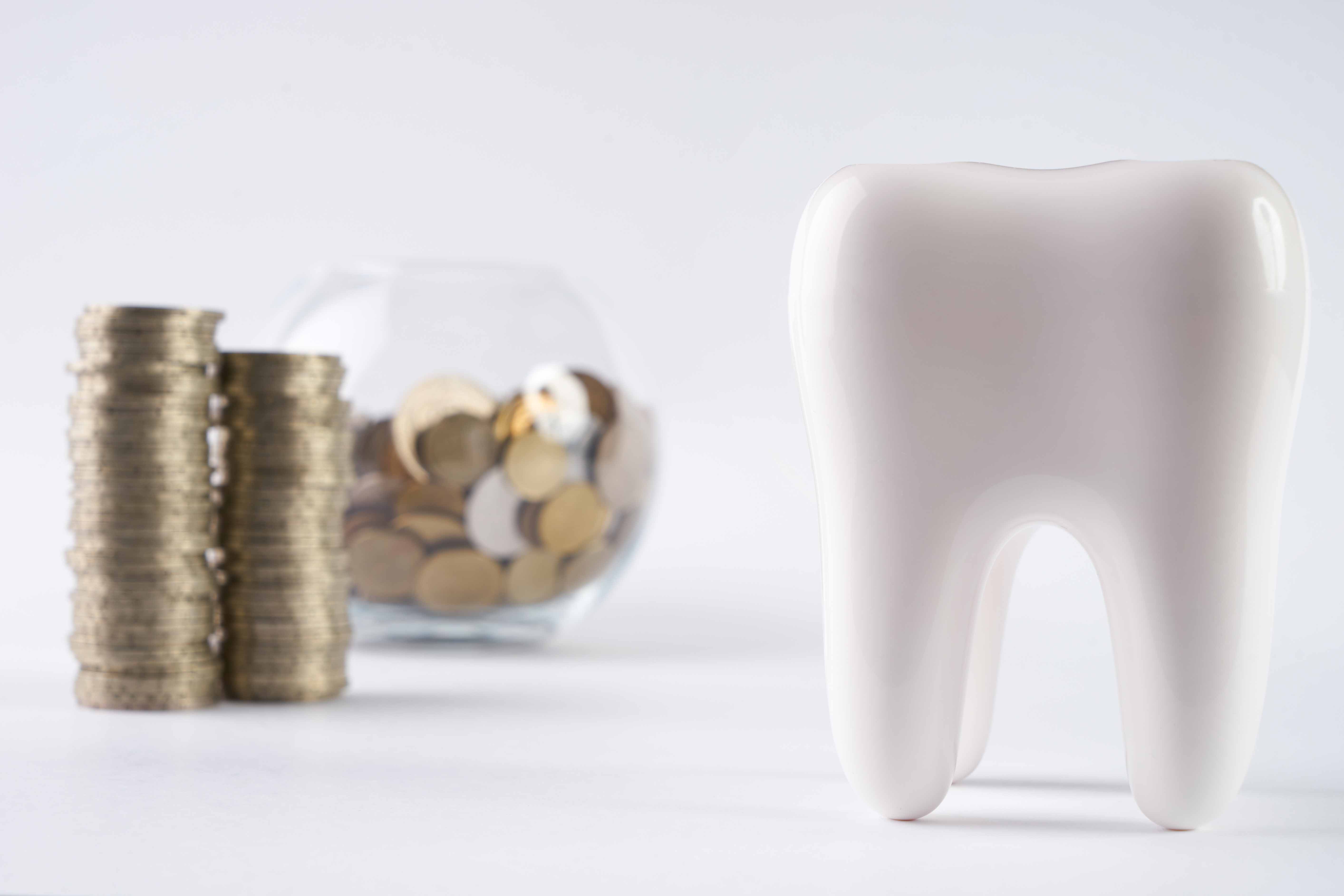 白い背景の前に歯の模型と、ガラスの入れ物に入れられたコイン、積まれたコインが置かれている