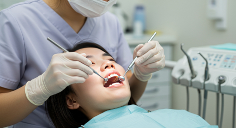 歯科医院で虫歯チェックを受ける女性